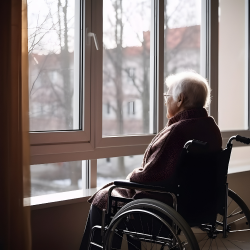 Elderly man in a wheelchair sitting alone, gazing out a window