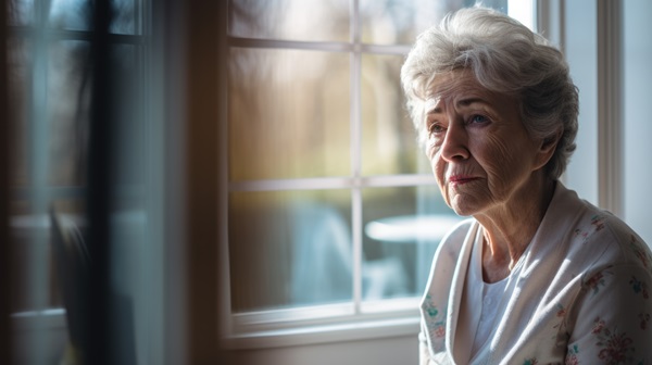 Senior Caucasian woman in a nursing home looking through windows with a concerned look on her face.